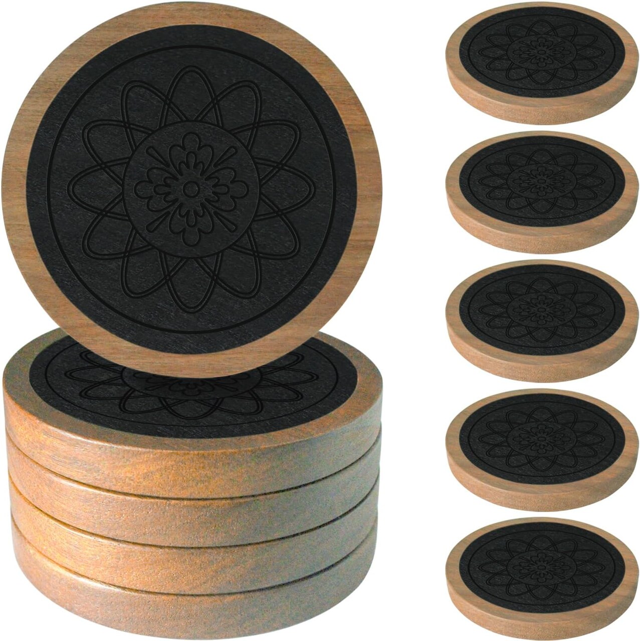 Wood Coasters for Drinks,Absorbent Coaster Sets of 5, Drinks Coasters for Coffee Tabletop Protection, Non-Slip, Non-Stick, Suitable for Kinds of Cups Wooden Table Drink, 4.3 Inches Black